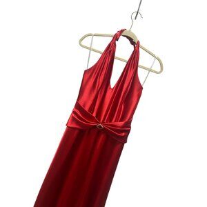 Jessica McClintock Gunne Sax Vintage 90's Red Satin Halter Evening Gown with Rhi